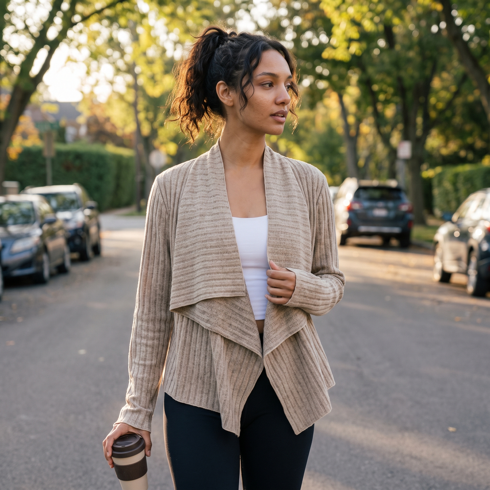 Ribbed Knit Collared Open Front Long Sleeve Casual Cardigan - cool morning walk
