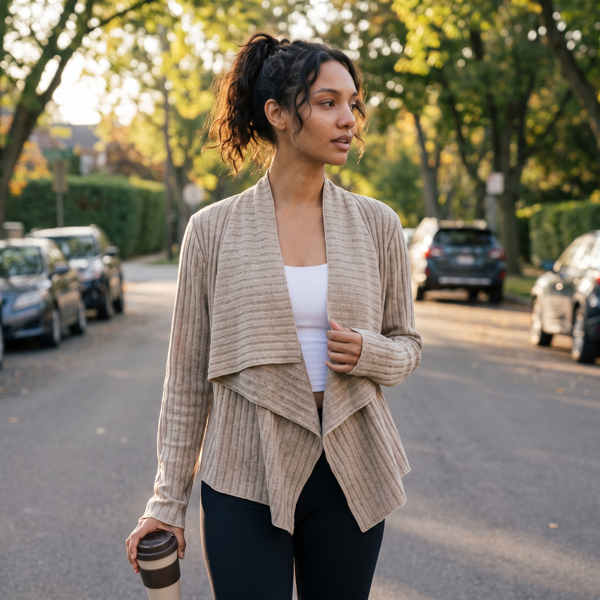 Ribbed Knit Collared Open Front Long Sleeve Casual Cardigan - cool morning walk