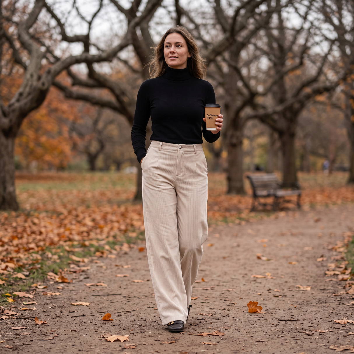 Mid Rise Wide Leg Corduroy Casual Pants with Pockets - autumn park walk