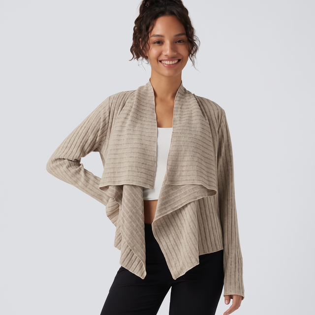 Ribbed Knit Collared Open Front Long Sleeve Casual Cardigan - studio hero