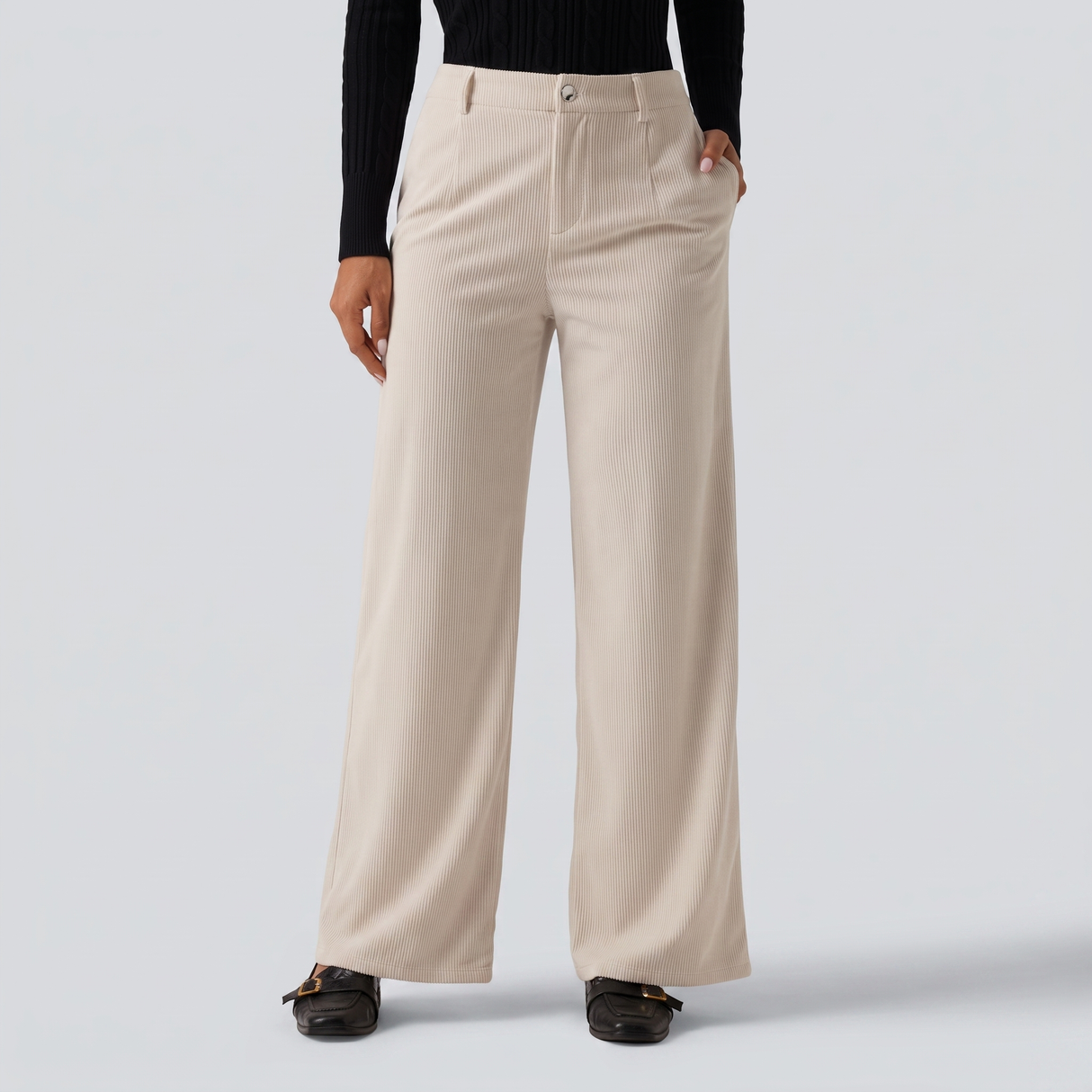 Mid Rise Wide Leg Corduroy Casual Pants with Pockets - studio hero