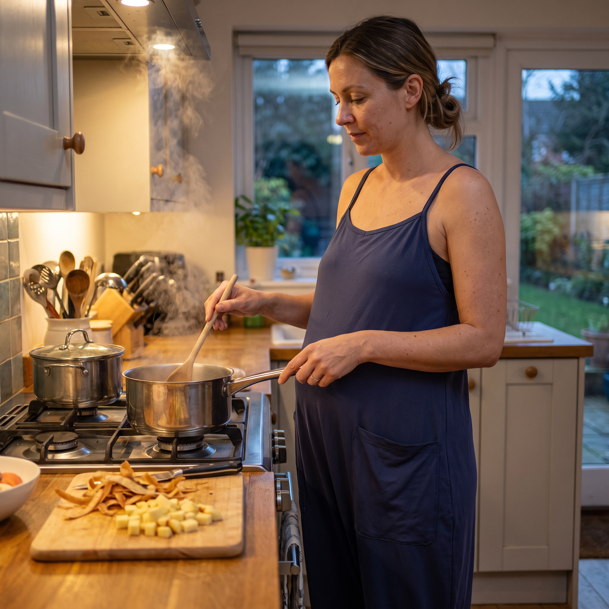 Square Neck Tapered Casual Maternity Jumpsuit with Pockets - cooking at home