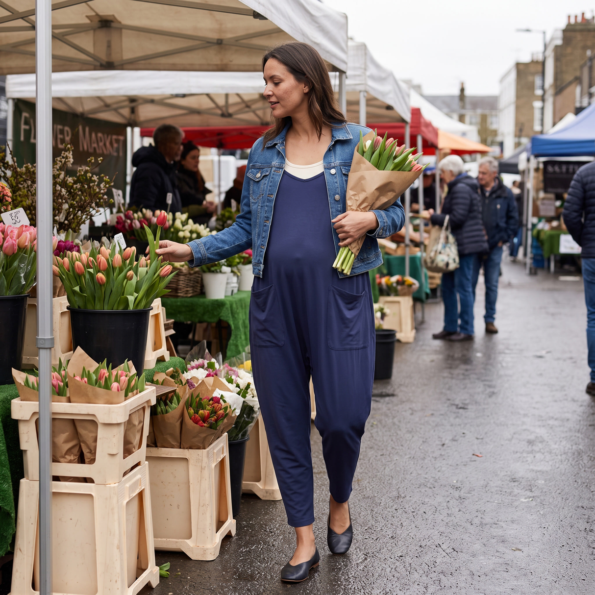 Square Neck Tapered Casual Maternity Jumpsuit with Pockets - flower market
