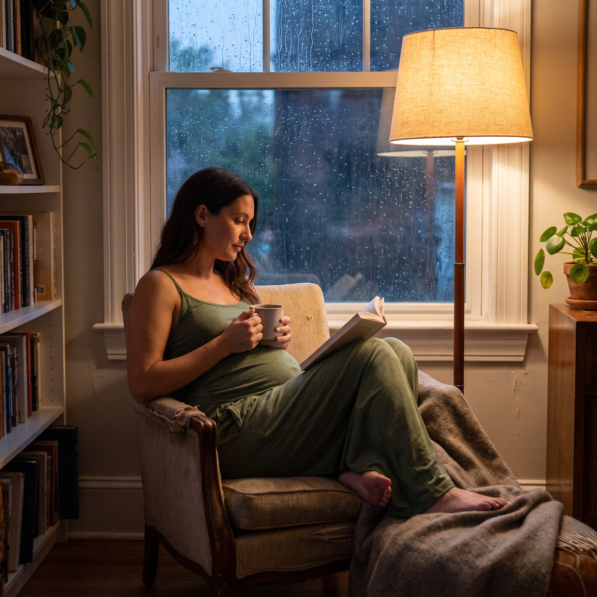 Built-In-Bra Wide Leg Maternity Slip Jumpsuit with Pockets - reading at home