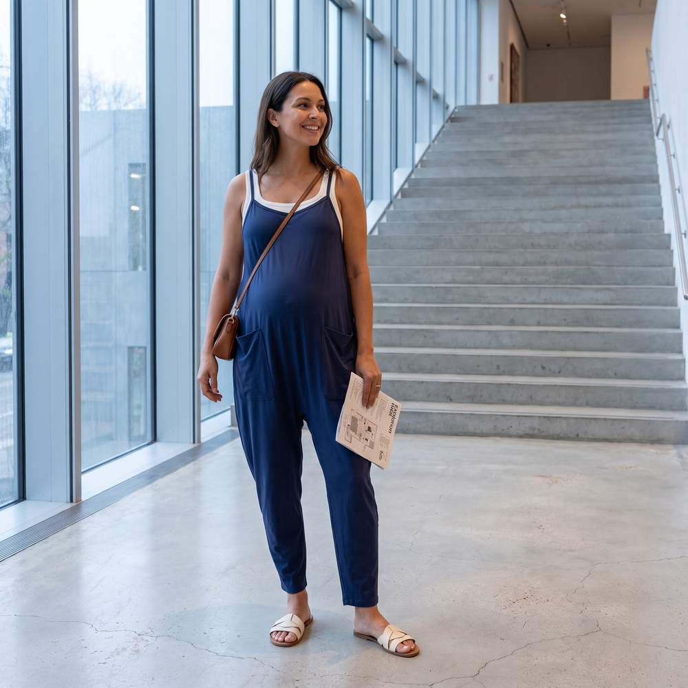 Square Neck Tapered Casual Maternity Jumpsuit with Pockets - gallery lobby