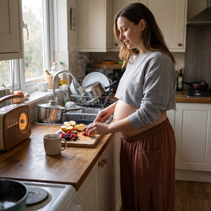 Super High Waisted Maternity Baggy Pants with Pockets - kitchen morning