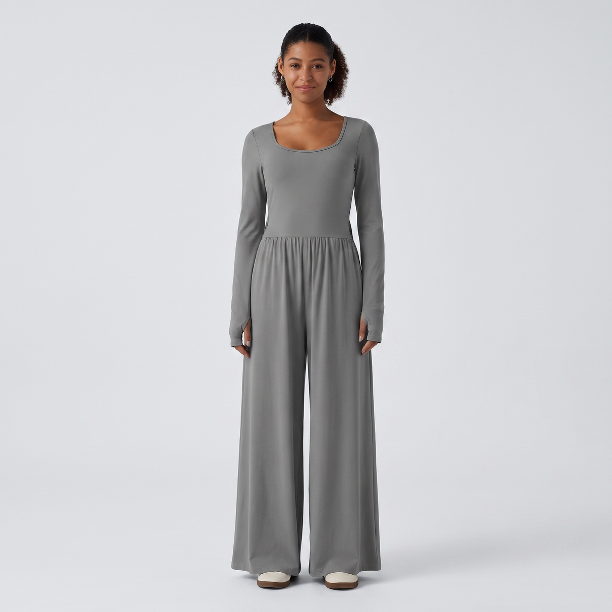U Neck Long Sleeve Thumb Hole Wide Leg Jumpsuit - studio hero