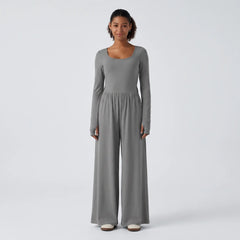 U Neck Long Sleeve Thumb Hole Wide Leg Jumpsuit