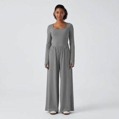U Neck Long Sleeve Thumb Hole Wide Leg Jumpsuit