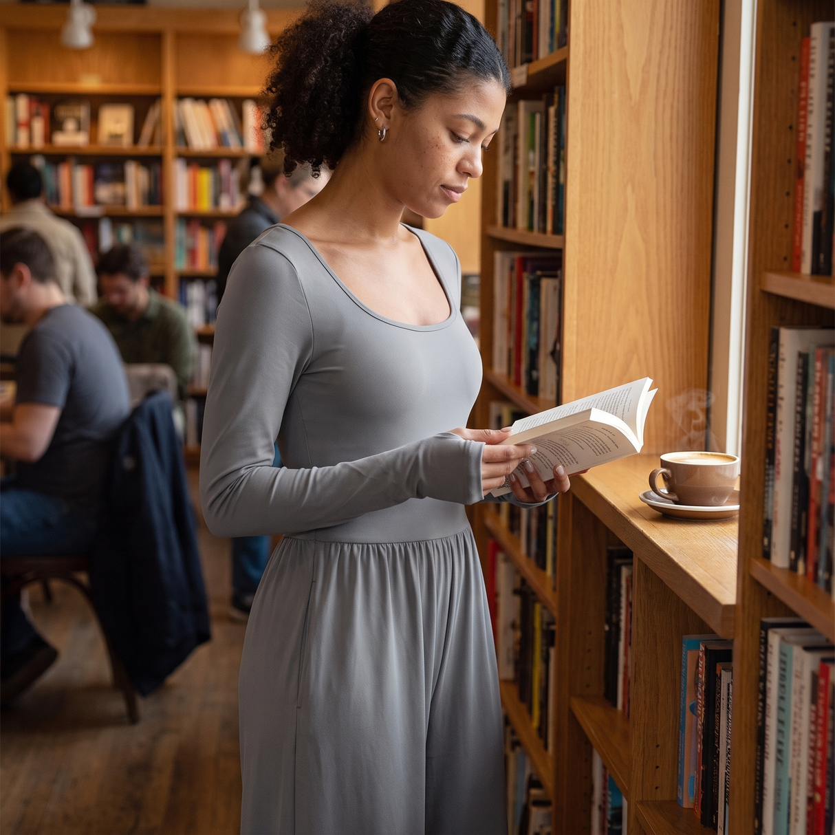 U Neck Long Sleeve Thumb Hole Wide Leg Jumpsuit - bookshop cafe