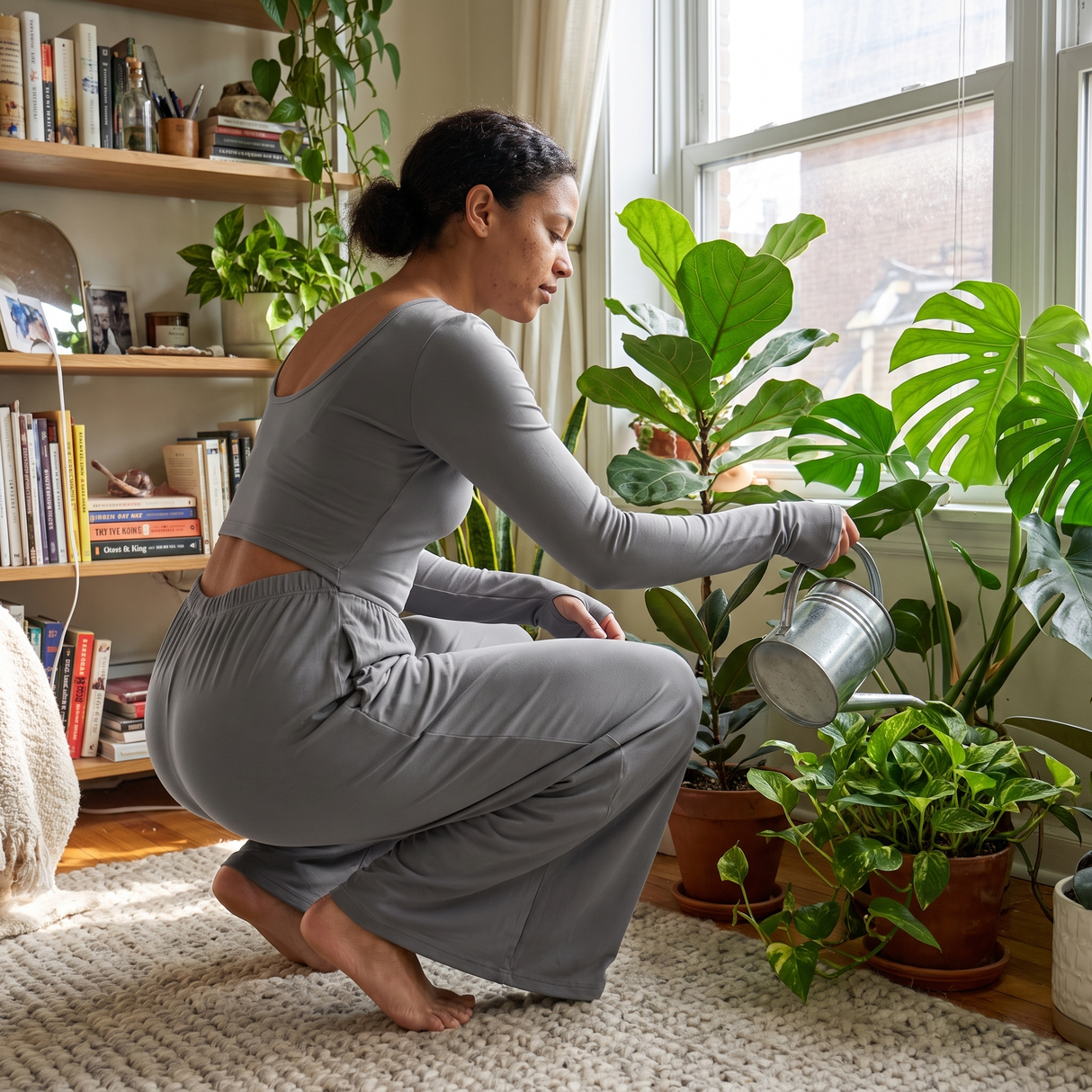 U Neck Long Sleeve Thumb Hole Wide Leg Jumpsuit - at home with plants