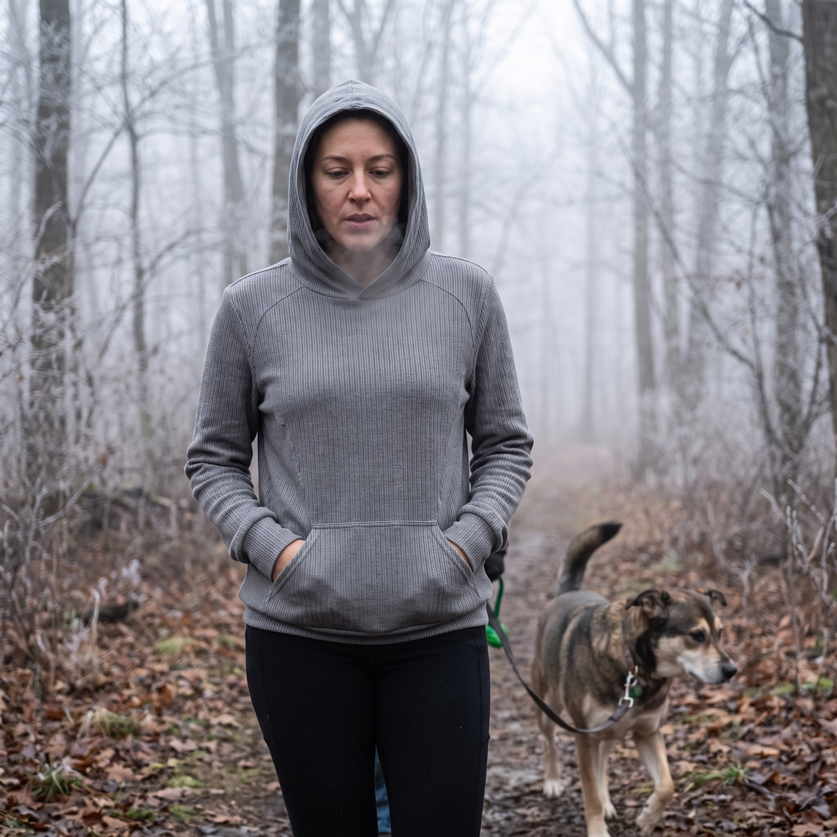 Ribbed Hooded Long Sleeve Casual Sweatshirt with Pocket - misty morning trail
