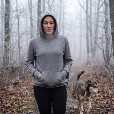 Ribbed Hooded Long Sleeve Casual Sweatshirt with Pocket - misty morning trail