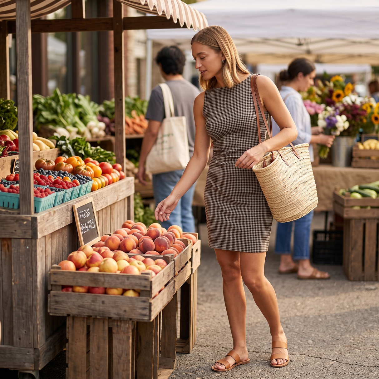 Boat Neck Sleeveless Gingham Casual Mini Dress with Pockets - farmers market