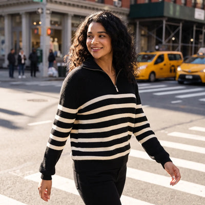 Half Zip Lapel Striped Knitted Jumper - sunlit city street