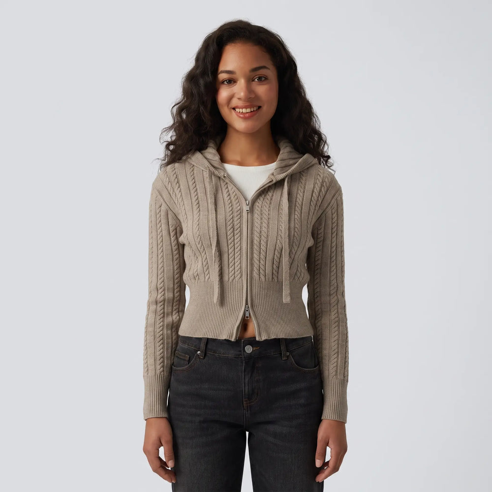 Hooded Cable Knit Zip Cardigan - gray studio hero