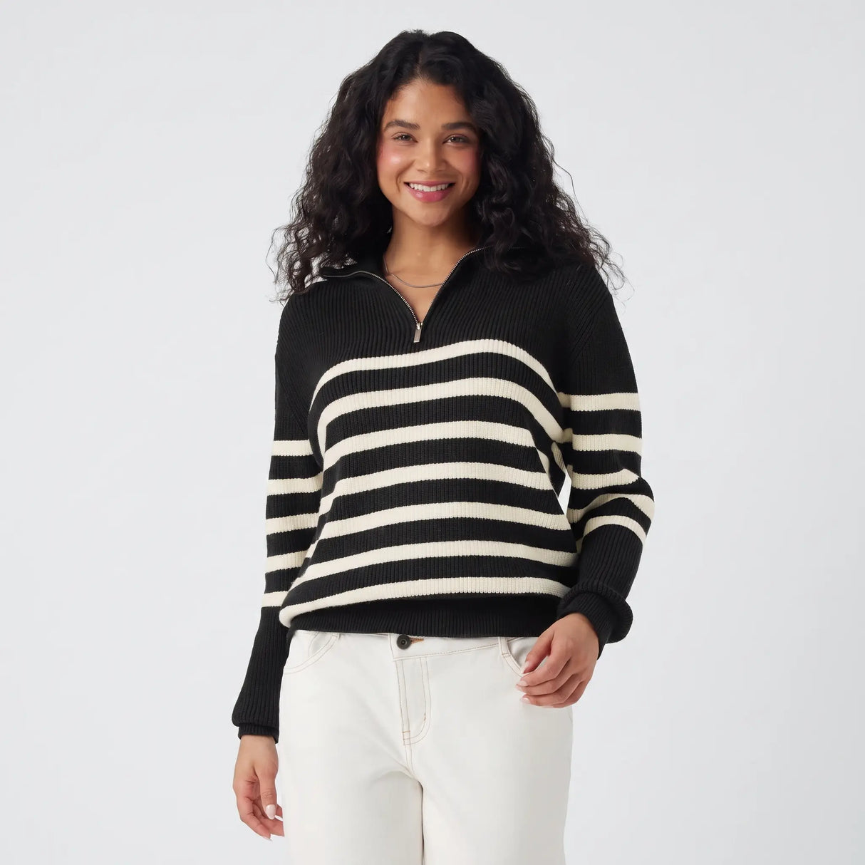 Half Zip Lapel Striped Knitted Jumper - gray studio hero