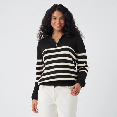 Half Zip Lapel Striped Knitted Jumper - gray studio hero