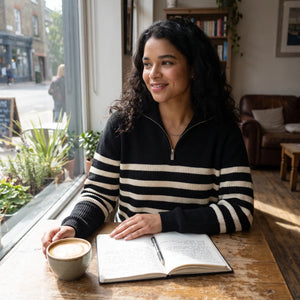Half Zip Lapel Striped Knitted Jumper - cafe by window