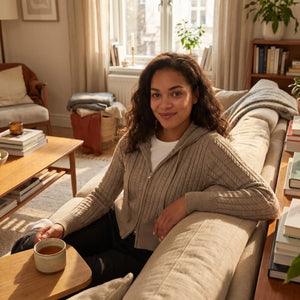 Hooded Cable Knit Zip Cardigan - sunlit living room