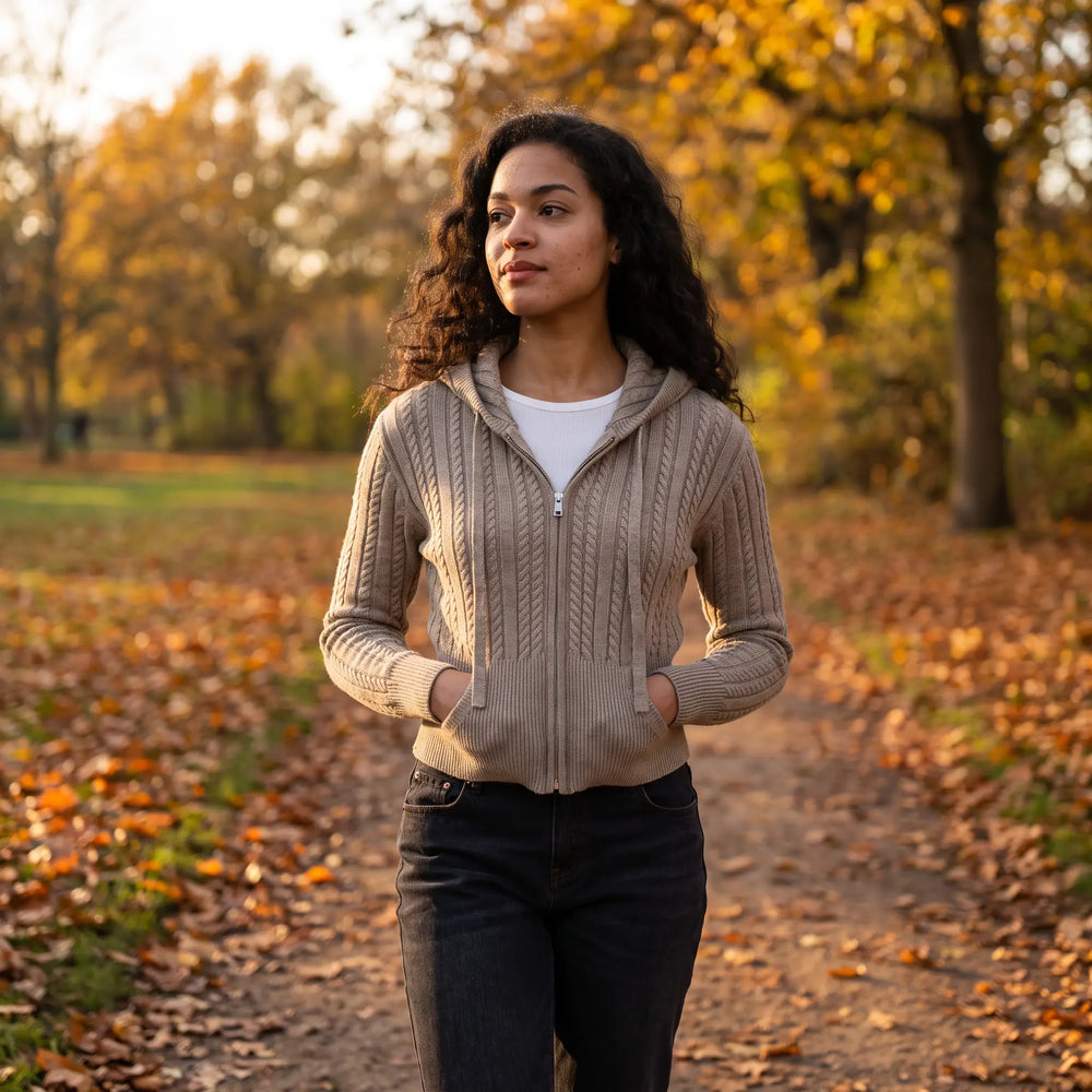 Hooded Cable Knit Zip Cardigan - autumn park path