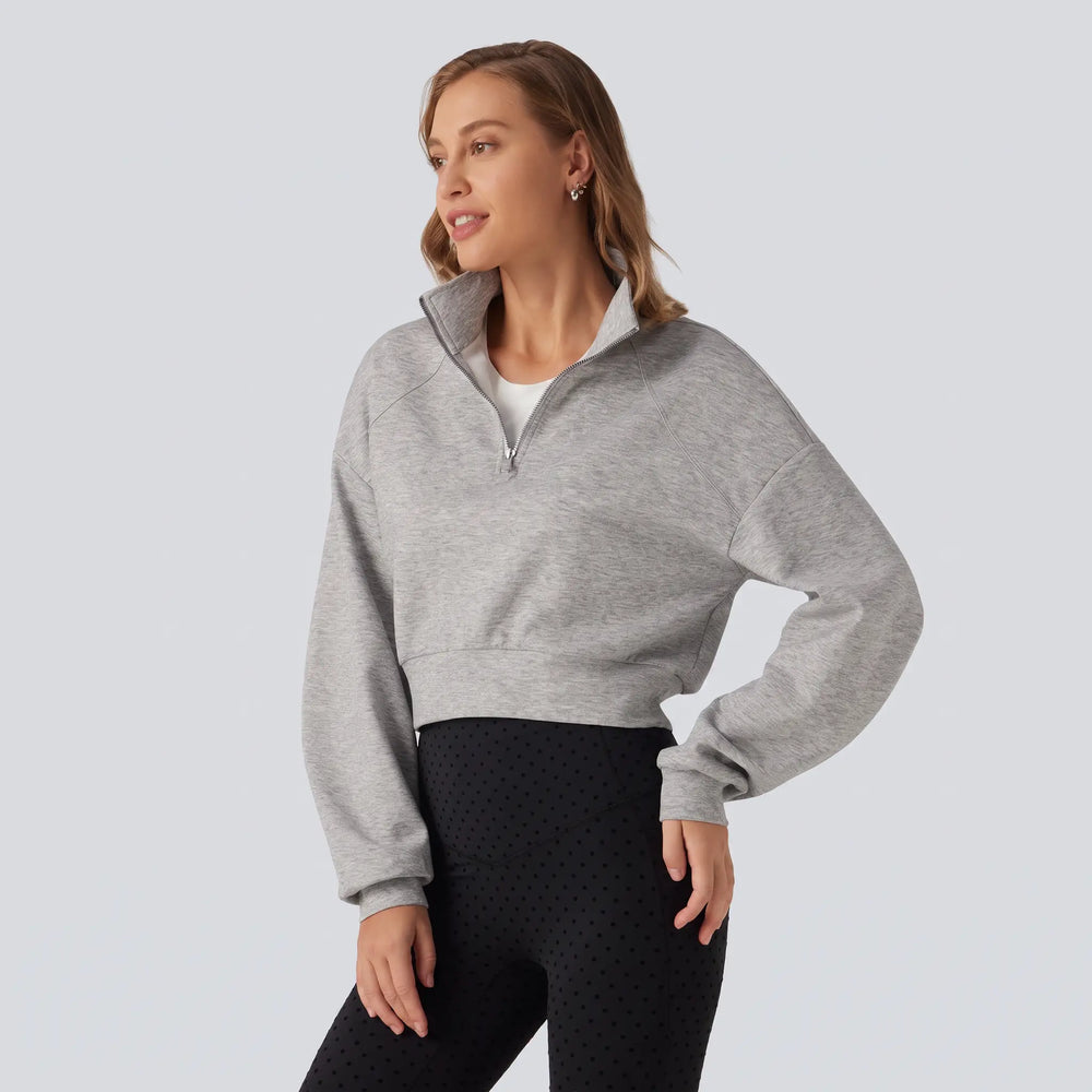 Stand Collar Half Zip Cropped Sweatshirt - gray studio hero