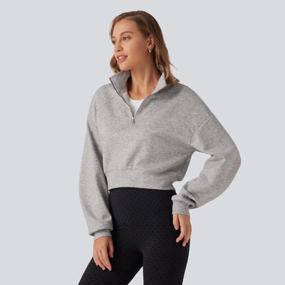 Stand Collar Half Zip Cropped Sweatshirt - gray studio hero