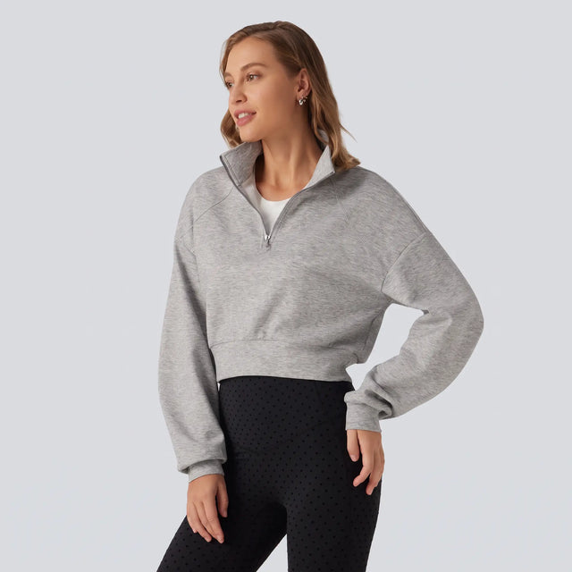 Stand Collar Half Zip Cropped Sweatshirt - gray studio hero