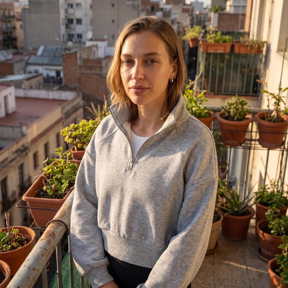 Stand Collar Half Zip Cropped Sweatshirt - balcony at golden hour