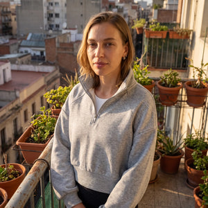 Stand Collar Half Zip Cropped Sweatshirt - balcony at golden hour