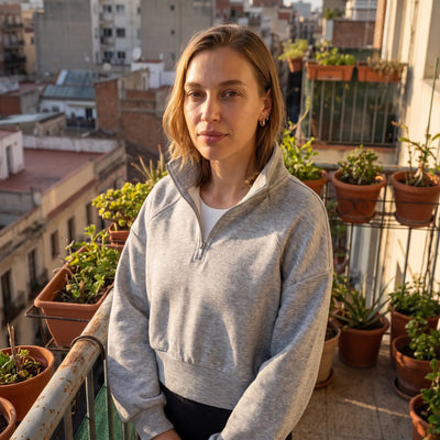 Stand Collar Half Zip Cropped Sweatshirt - balcony at golden hour