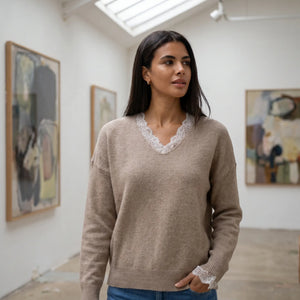 V Neck Contrast Lace Knit Jumper - art gallery