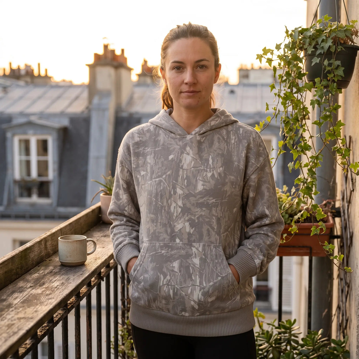 Hooded Sweatshirt with Pocket - balcony at golden hour