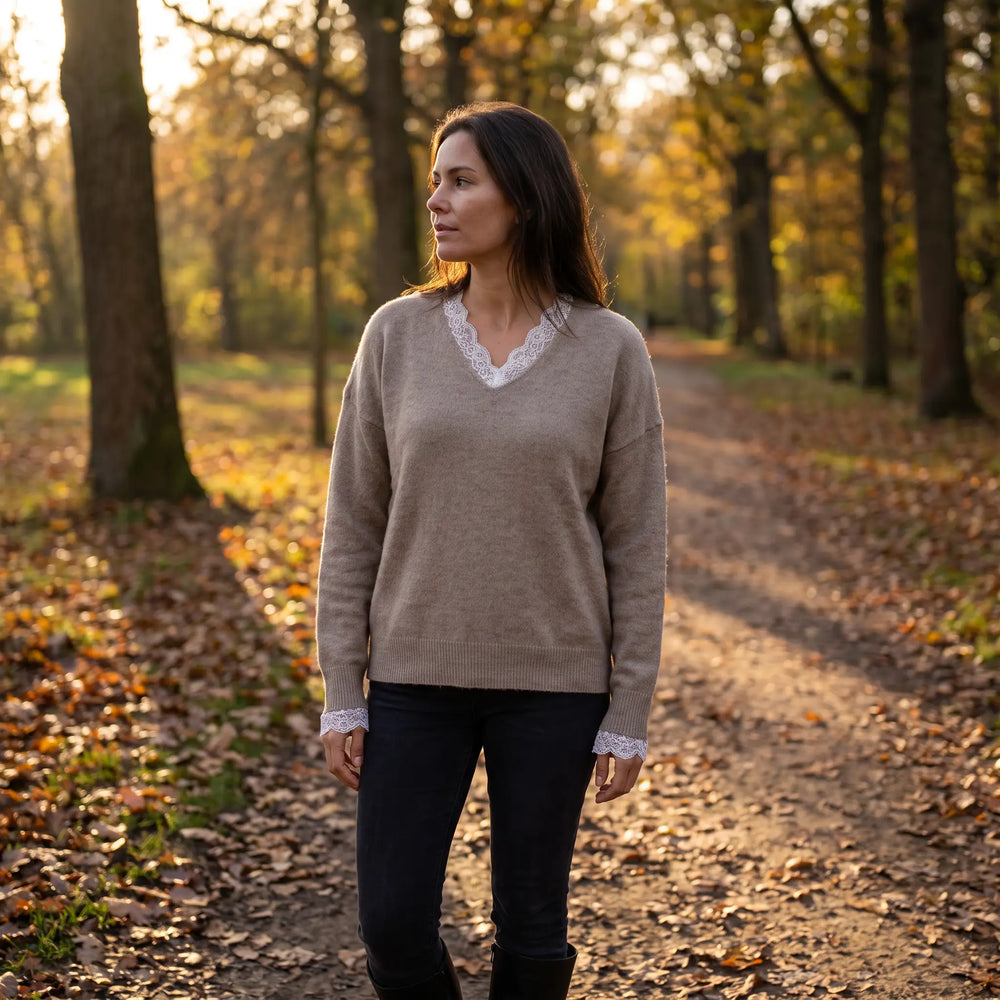V Neck Contrast Lace Knit Jumper - autumn park path