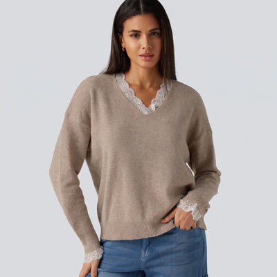 V Neck Contrast Lace Knit Jumper - gray studio hero