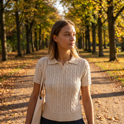 Polo Short Sleeve Cable Knit Jumper - autumn park path