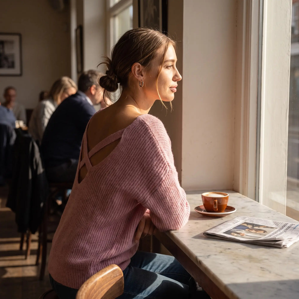 One Shoulder Crisscross Knit Jumper - cafe window
