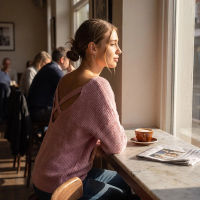One Shoulder Crisscross Knit Jumper - cafe window