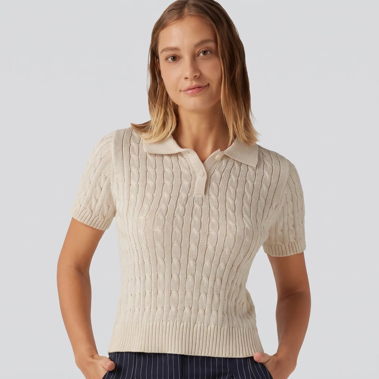 Polo Short Sleeve Cable Knit Jumper - gray studio hero