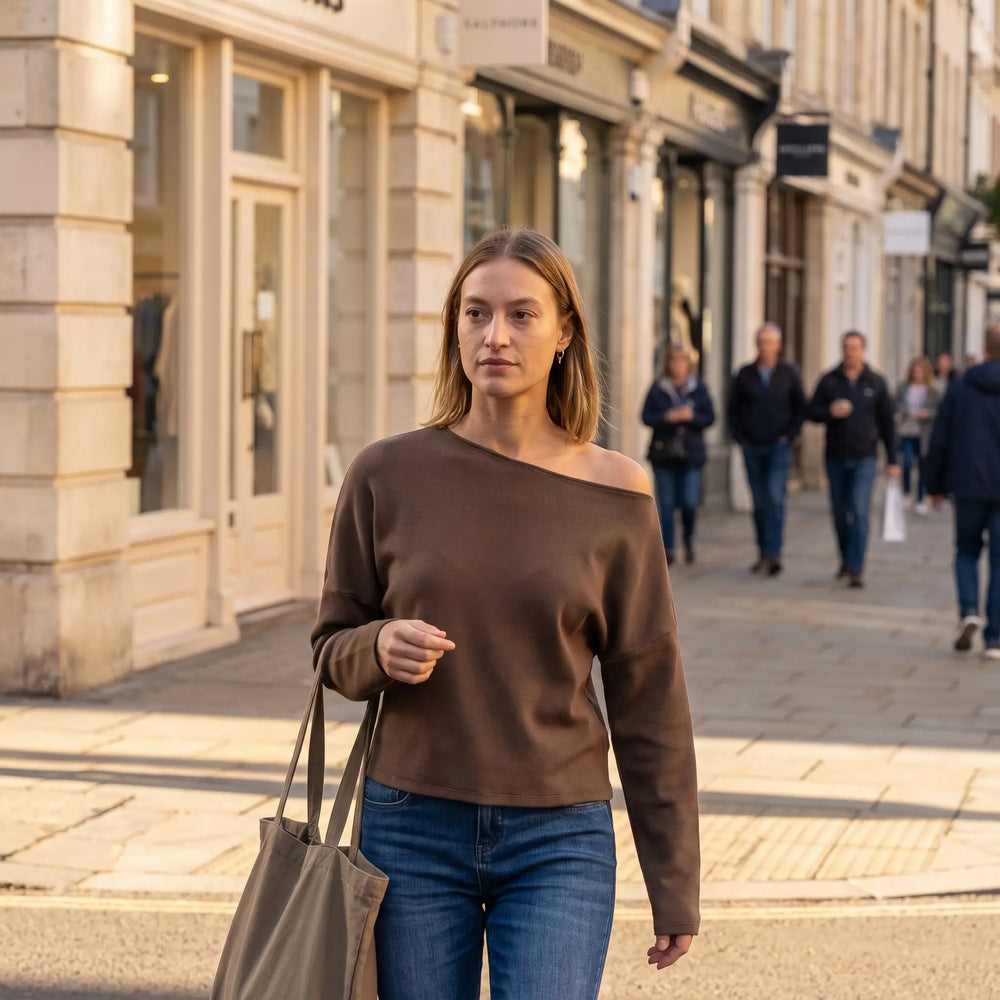 One Shoulder Asymmetric Sweatshirt - sunlit city street
