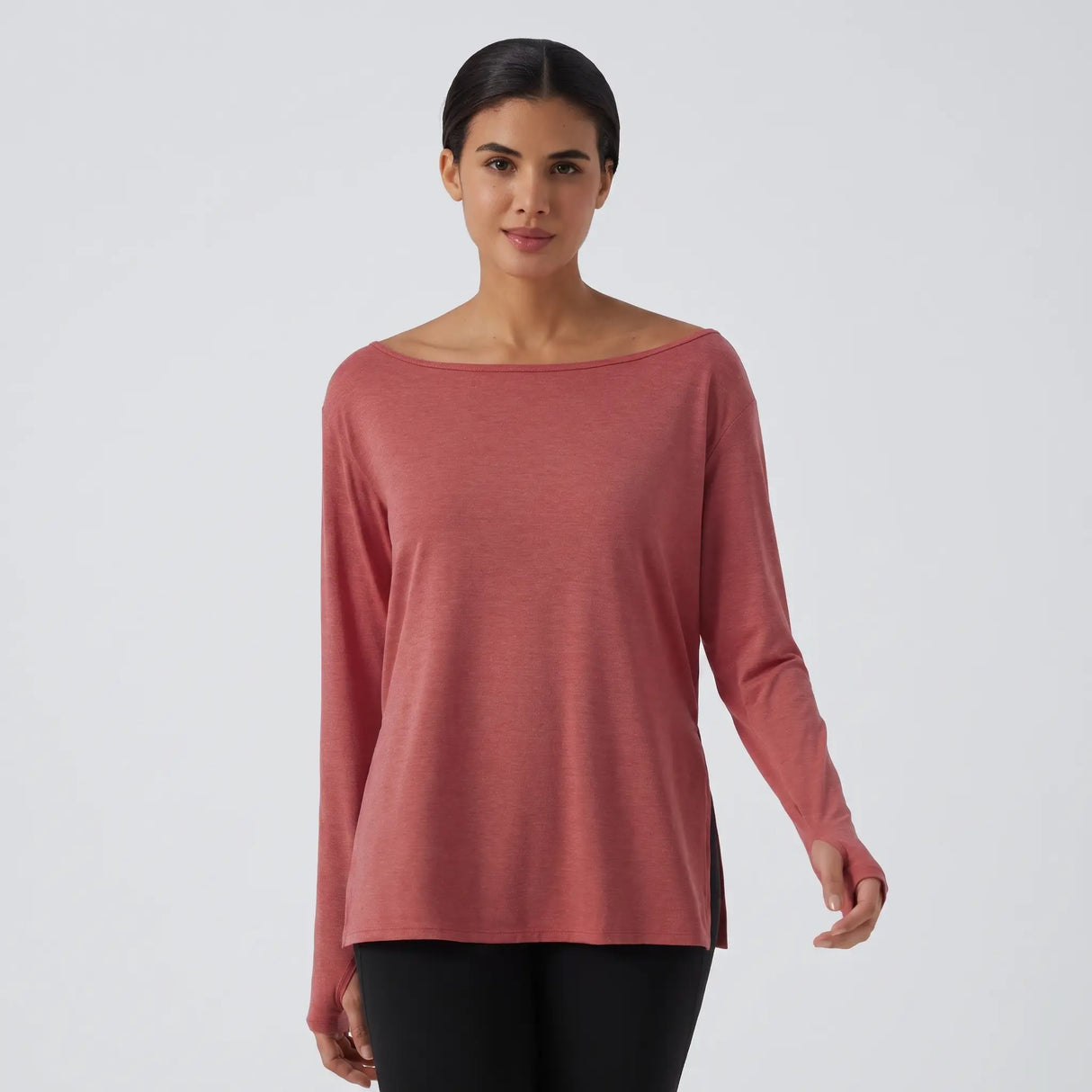 Boat Neck Split Yoga Sweatshirt - gray studio hero