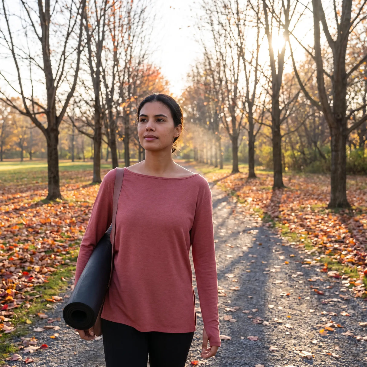 Boat Neck Split Yoga Sweatshirt - autumn park path