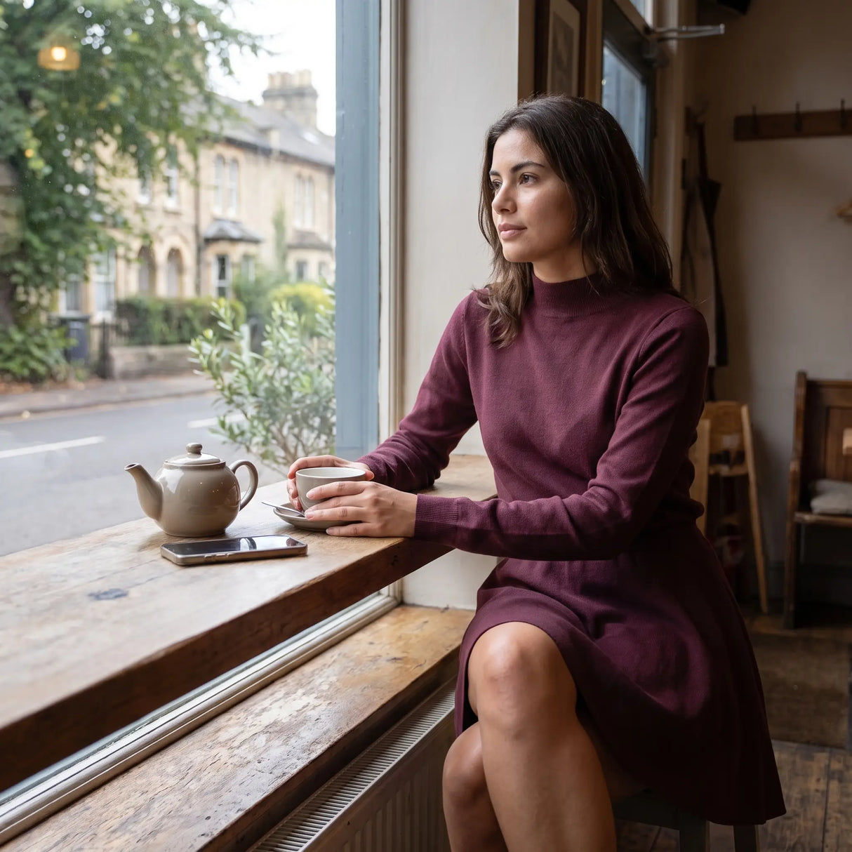 Mock Neck Knitted Jumper Dress - quiet cafe window seat
