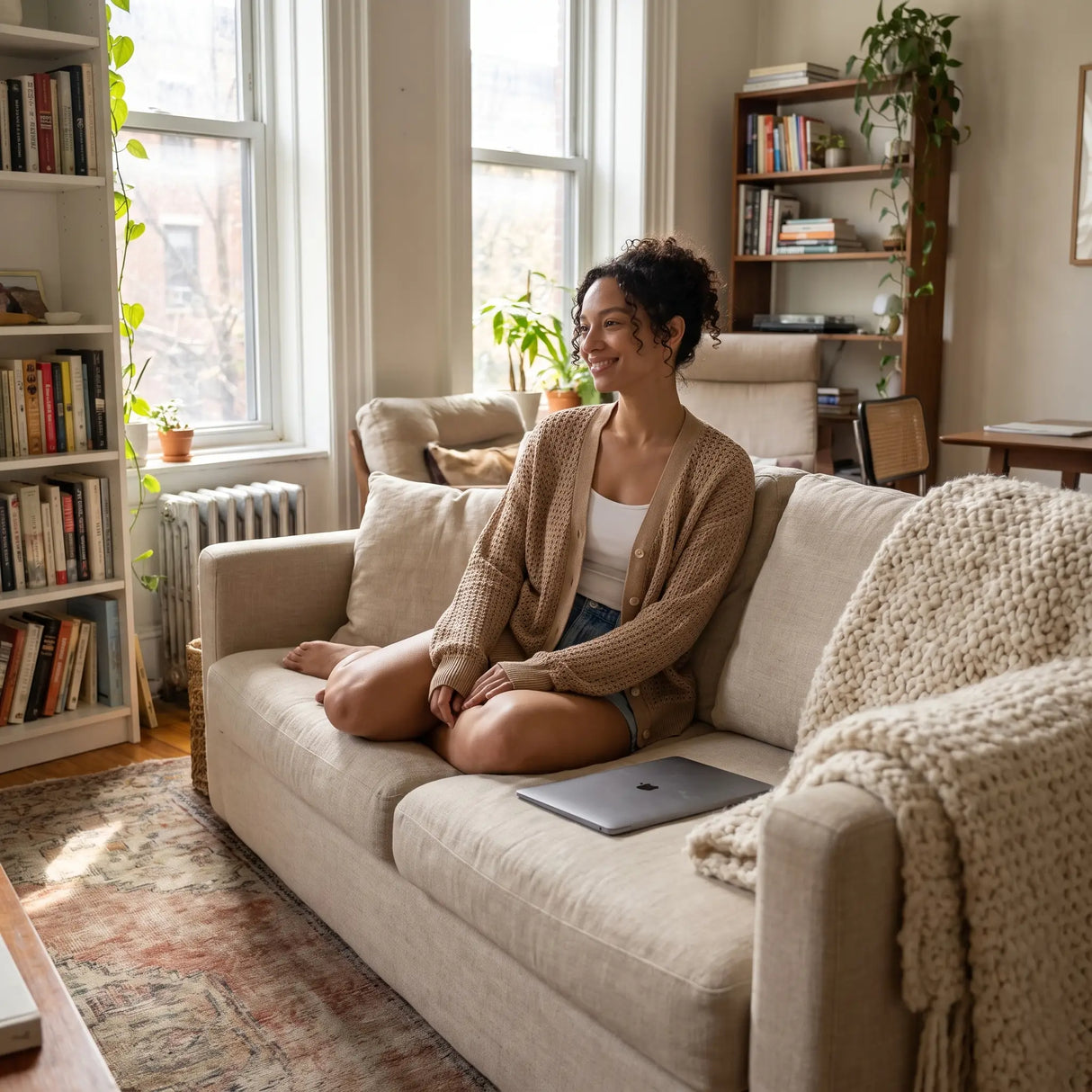 V Neck Sweater Knit Cardigan - sunlit living room