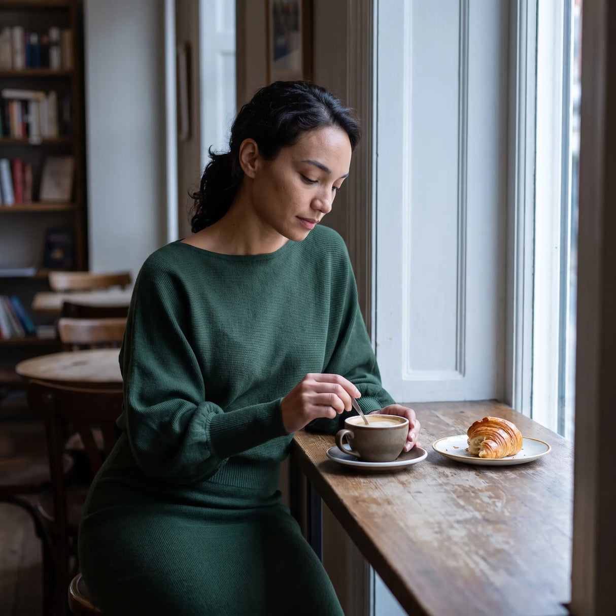 Boat Neck Puff Sleeve Jumper Dress - quiet cafe window