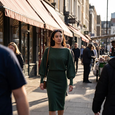 Boat Neck Puff Sleeve Jumper Dress - sunlit city street