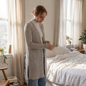 Ribbed Knit Split Cardigan - bright bedroom morning