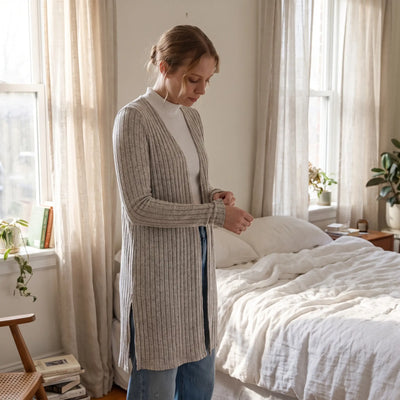 Ribbed Knit Split Cardigan - bright bedroom morning
