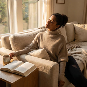 High Neck Asymmetric Knit Jumper - sunlit living room