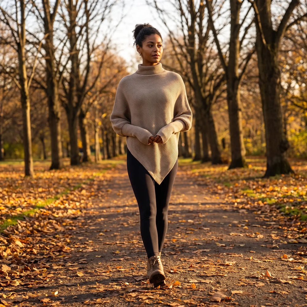 High Neck Asymmetric Knit Jumper - autumn park path